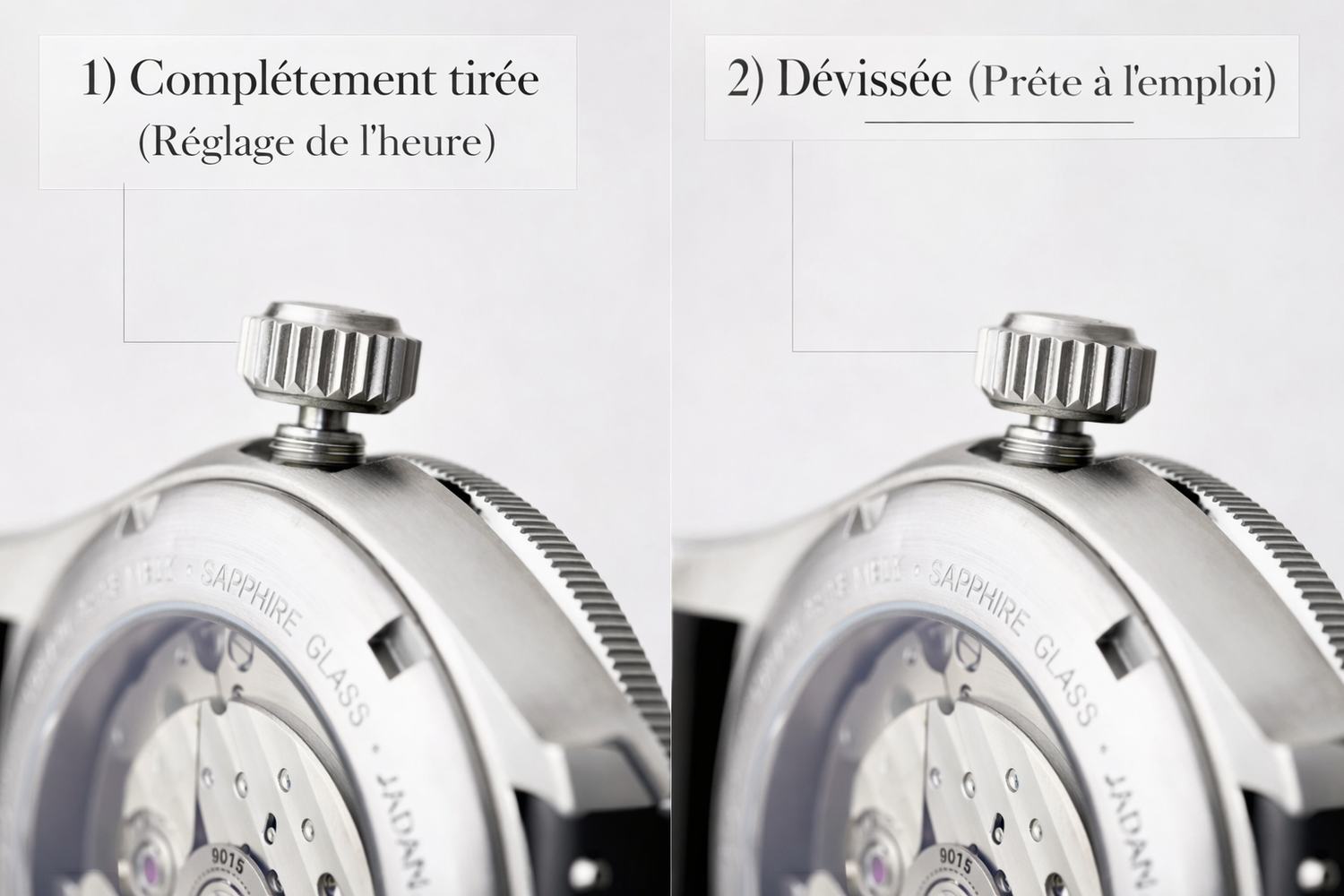 Illustration des positions de la couronne vissée d’une montre SeikoMod Vardemir, montrant la couronne dévissée et complètement tirée pour le réglage de l’heure et l’utilisation du mouvement automatique